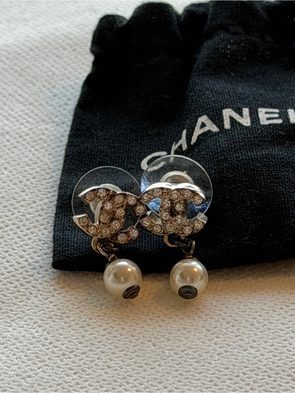 CHANEL Vintage Coco Mark Rhinestone Pearl Drop Earrings